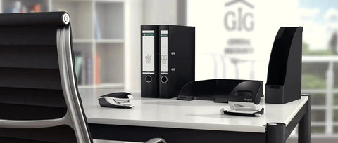 Office setup with Two Hole Punch for 30 Sheets, Metal Office Workhorse With Guide Bar and Format Markings, Black NeXXt Range.