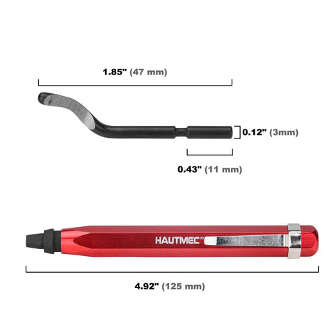 Heavy Duty Copper Tubing Cutter Set With Auto Tightening Includes Half Inch, Three Quarter Inch, And One Inch Cutters, Reaming Pen, Spare Cutting Wheels, Deburring Blade, In Portable Storage Case, Zinc Alloy Construction With Chrome Rollers shown with pen and blade measurements