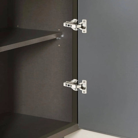Concealed Full Overlay Cabinet Hinges 105 Degree Soft Close 4 Pack installed on gray face frame kitchen cabinet with adjustable dampers.