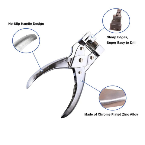 Handheld T Slot Hole Punch For DIY Crafts With Non Slip Grip Aircraft Style Euro Slot Punch showing sharp edges and chrome finish