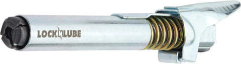 LockNLube grease gun coupler XL, chrome metal body with coil spring and side lever.