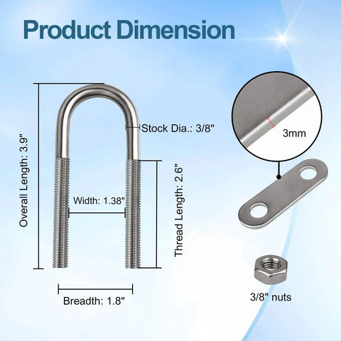 Heavy Duty 316 Stainless Steel U Bolts Two Pack For Boat Stern Bow Eye Tie Downs Yacht Boat Trailer And Automotive Use 100mm Length Rust Resistant Marine Hardware Built To Endure Harsh Weather And Tough Jobs Built To Last shown with dimensions and components
