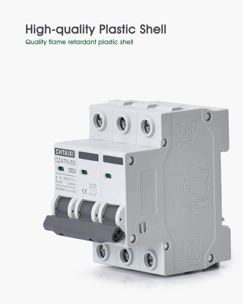 Three Pole DIN Rail Mount Circuit Breaker 20 Amp 480V AC Miniature Breaker with plastic shell, side view