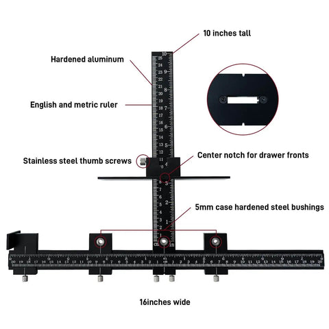 Aluminum Cabinet Hardware Jig With Adjustable Template For Precise Hole Spacing And Doweling Guide For Easy No Fuss Drawer And Door Handle Install Woodworking Drilling Template For Knobs And Pulls, showing detailed measurements and features.