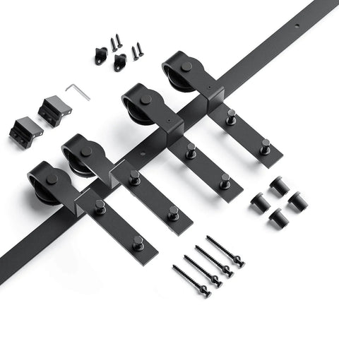 Effortless 5 Ft Bypass Double Sliding Barn Door Hardware Kit With Single Track That Slides Like Butter Quiet Ball Bearing Rollers Easy Install For 35 Inch Wide Double Doors Durable Aluminum Black Powder Coat Finish components including rails, rollers, and screws.