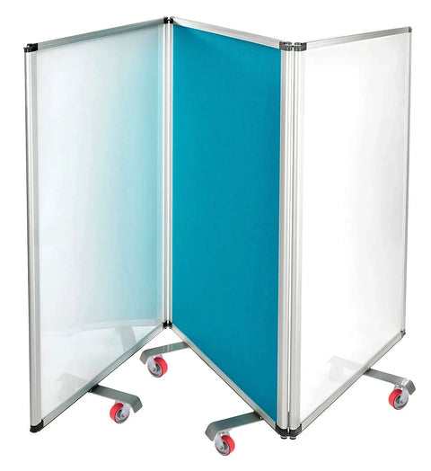 Mobile room divider with metal frame and panels on wheels
