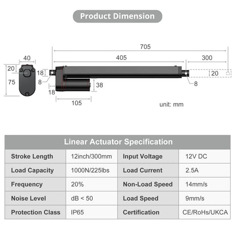 Diagram of Powerful 12V Heavy Duty Linear Actuator With 225 Lbs Thrust 1000N 12 Inch Stroke Quiet Operation IP65 Waterproof Electric Actuator With Brackets For Windows Doors Farm Equipment And DIY Projects Justech
