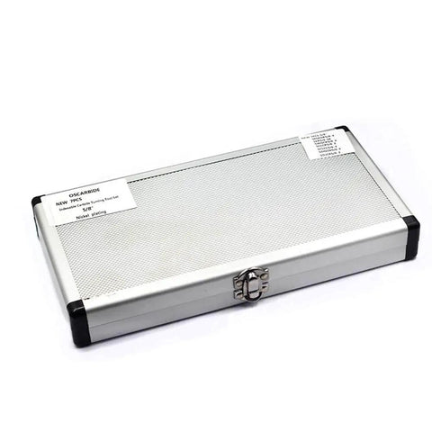 Closed case of Heavy Duty Five Eighths Inch Shank Indexable Lathe Turning Tool Holder Set Nickel Plated 7 Piece CNC Metal