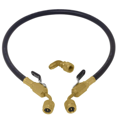 AC Leak Sealer Injector Hose Kit With Dual Ball Valve For Injecting HVAC Sealant By Leak Saver showing hose and 90-degree adapter