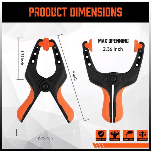 HORUSDY 8-pack spring clamps, 5-inch plastic clamps with black/orange handles, max opening 2.36 inches for DIY crafts