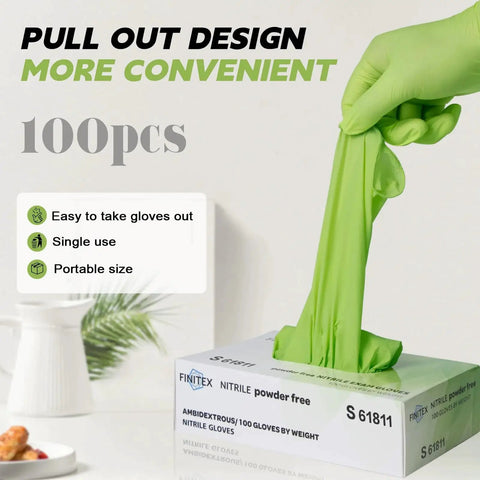 Nitrile Disposable Gloves Powder Free Latex Free 3.5Mil Food Green Small 100pcs box with a glove being pulled out
