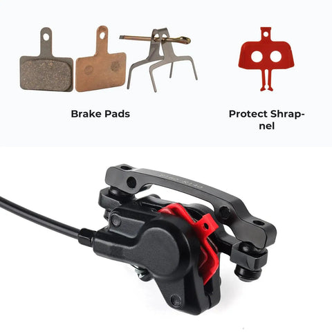 MTB hydraulic disc brake set with brake pads and lever; black lever, red caliper detail, installed view