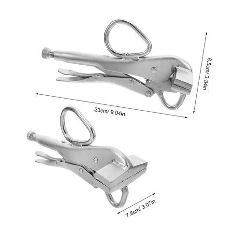 Heavy Duty Adjustable Locking Steel Plate Clamp Pliers for auto body repair and welding, wide duckbill jaw dimensions shown