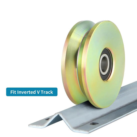 Side view of 4 Inch V Groove Wheel With Double Bearings For Inverted V Track Gate Caster, Rolling Gate Wheel, galvanized finish on track