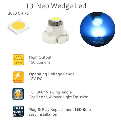 10 Pack Ultra Bright Ice Blue T3 Neo Wedge LED Bulbs With 8mm Base For Car Dash Instrument Cluster Lights 3030 SMD Chip.