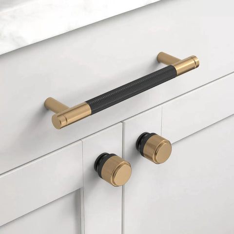 Matte Black And Champagne Bronze Kitchen Cabinet Knobs Set Of 10 For Dresser Drawers Zinc Knobs With Dope Durable Finish Installed on Cabinet