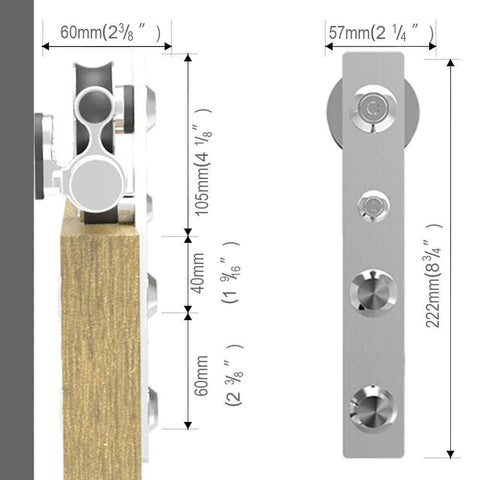 Close-up of 6Ft Sliding Barn Door Hardware Kit With Stainless Steel Hangers And Aeronautical Grade Aluminum Track, side view.