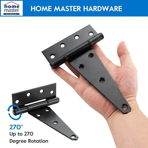 6-Inch T-Strap Heavy-Duty Shed Door Hinges in black wrought iron held by hand, showcasing 270° rotation capability.
