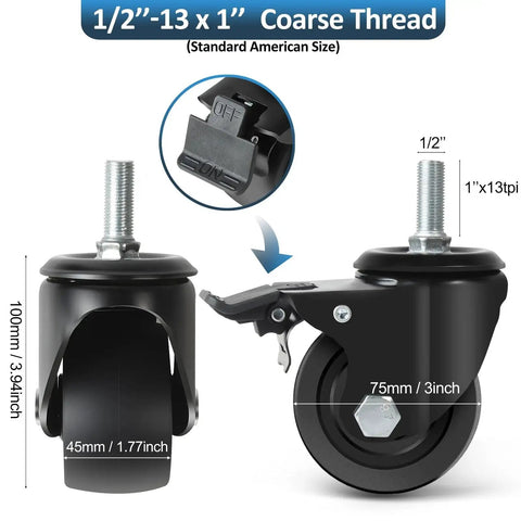 Heavy Duty 3 Inch Swivel Caster Wheels With Half Inch Diameter, 13 TPI, 1 Inch Threaded Stem, Brake. Set of 4 for carts.