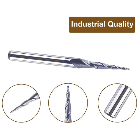 Tapered Ball Nose End Mill Set for 3D Wood Carving and CNC Router Projects, One Eighth Inch Shank, 0.25mm Radius Ball Tip, 0.5mm Diameter, TiAIN Coated Two Flute Bits, Five Piece SpeTool Router Bit Set for DIY Woodworking shown in close-up views and full length