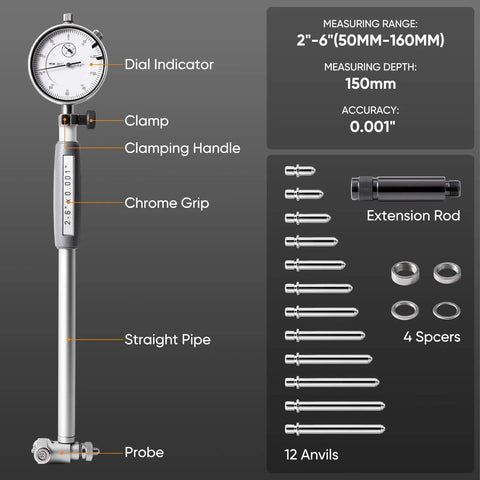 Precise Bore Gauge Set For Automotive Machining 2 To 6 Inch Range With 0.001 Inch Accuracy Dial Indicator Gauge Kit By CARdant