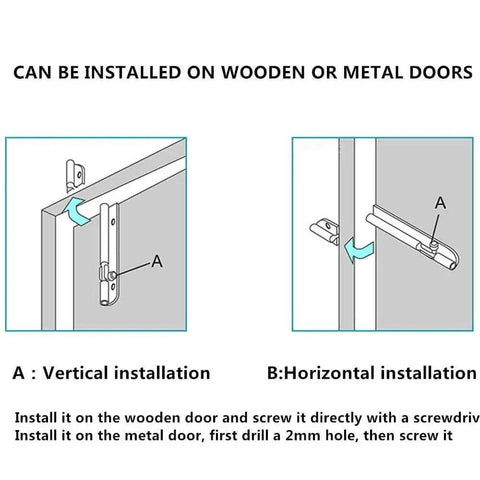 Diagram showing vertical and horizontal installation of Heavy Duty Sliding Door Latch Lock 5 Inch Barrel Gate Bolt Set in solid stainless steel.
