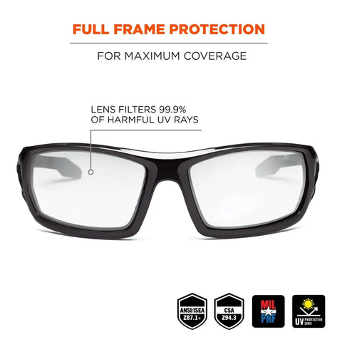 Front view of Skullerz Odin Safety Glasses Black Frame Clear Lenses Built For Real Tough Jobs High Impact Eyewear For Work ANSI Z87.1 Plus