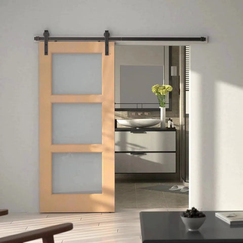Oil Rubbed Bronze Sliding Barn Door Hardware Kit With Five And A Half Foot Track And J Shape Rollers in living room