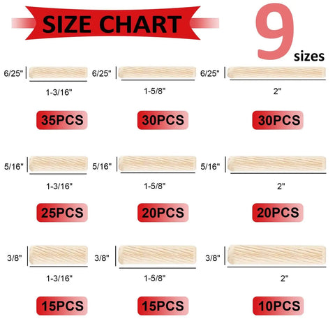Size chart showing nine sizes of Pro Grade Wooden Dowel Pins Set With Tapered Ends And Beveled Grooves, six to ten millimeter diameters.