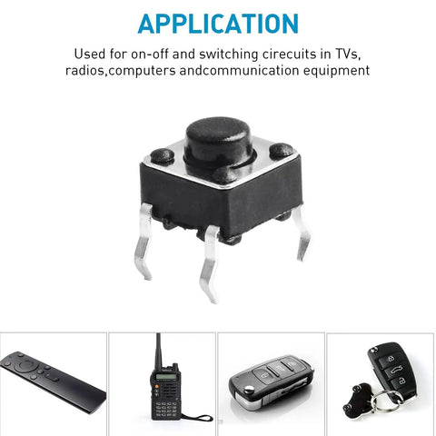 Close-up of a 6x6x5mm momentary tact switch, 4-pin DIP, black push button micro switch for electronics, showing multiple applications.