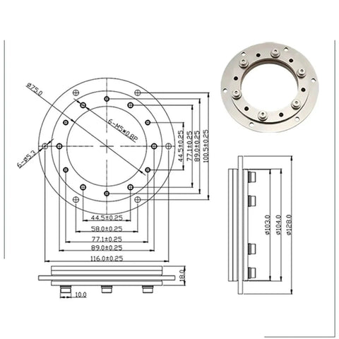 Front view of a 360-degree bidirectional rotating hinge flange, 304 stainless steel with 75 mm mounting hole pattern.