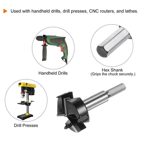 Pro Grade 50mm Forstner Drill Bit With Tungsten Carbide Tips 3 Flutes And 4 Spurs Hex Shank for drills and drill presses