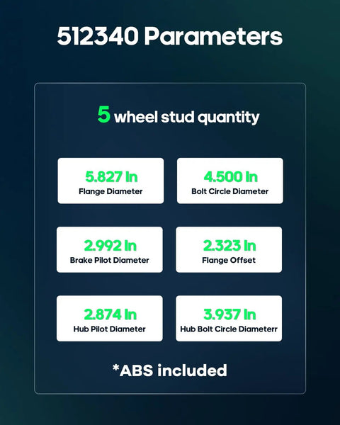 Specifications chart for Rear Wheel Bearing Hub Assembly With ABS For Hyundai Elantra 2007 2008 2009 2010 2011 2012 5 Lug 512340
