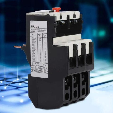 Heavy Duty Thermal Overload Relay 9-13A Adjustable Motor Protector for Industrial Equipment, displayed on a digital background.