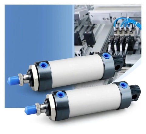 Two aluminum alloy mini pneumatic cylinders with blue end caps, side view