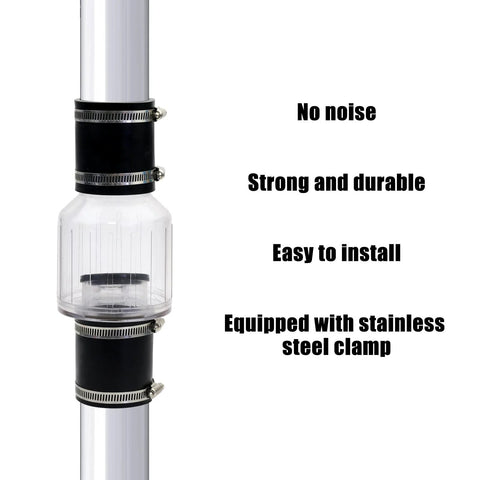 Sump pump check valve, 1-1/2 inch, clear housing with stainless steel clamps on pipe