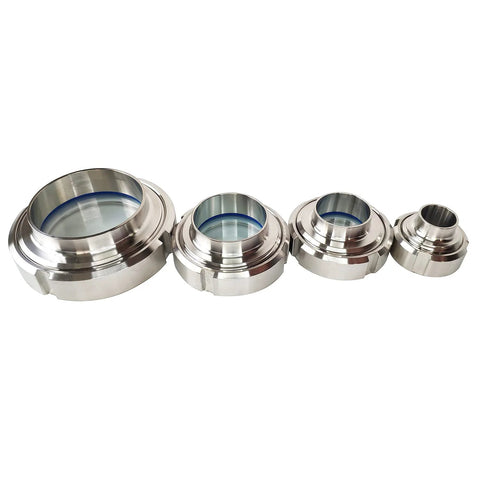 Weld union sight glasses set of four, 1-1/2 in, 304 stainless steel with PTFE gaskets.