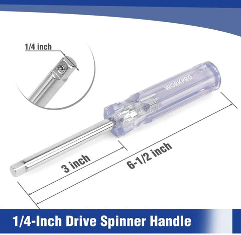 1/4-inch drive spinner handle with 6-1/2 inch length, close-up of drive tip, clear blue handle showing internal mechanism.