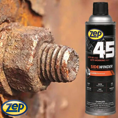 Sidewinder Super Penetrant 14 Oz Aerosol shown next to a rusted bolt, ideal for loosening stubborn rust and grease.