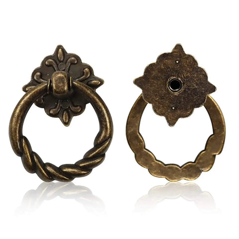 Front and back view of 6 Pieces Vintage Bronze Drop Ring Knobs And Pulls For Dresser Drawers Cabinets, Antique Single Hole Decorative Hardware
