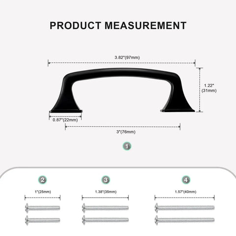 Product measurement for Matte Black Cabinet Pulls 76mm Hole Centers 3 Inch 10 Pack Solid Zinc Alloy Handles with 25mm and 35mm screws