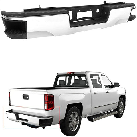 Chrome Rear Bumper For 2014-2018 Silverado Sierra 1500 Without Park Assist Holes shown on truck rear view