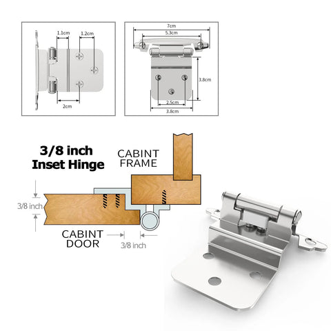 3/8 in inset cabinet hinge, brushed nickel, 50-pack, front view showing self-closing flush mount with door bumper.