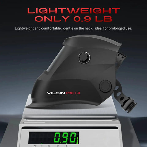 Auto Darkening Welding Helmet With Solar Power 2 Arc Sensors Wide Shade Range 3 To 4 8 To 9 13 on scale showing 0.9 lb