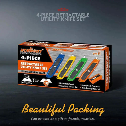 4 Pack Heavy Duty Box Cutter Knives With Aluminum Handle Retractable Blades SK5 set in original packaging on display.