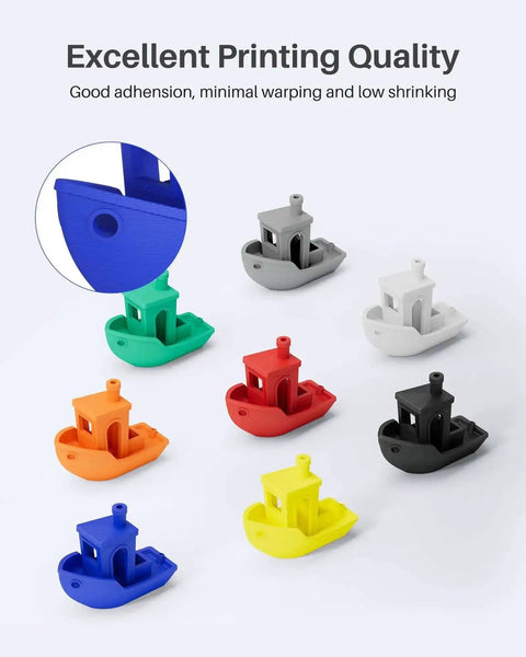Colorful 3D printed boats demonstrating Pink PLA Filament 1.75mm 1kg spool for 3D printing high precision 0.02mm tolerance low warp.