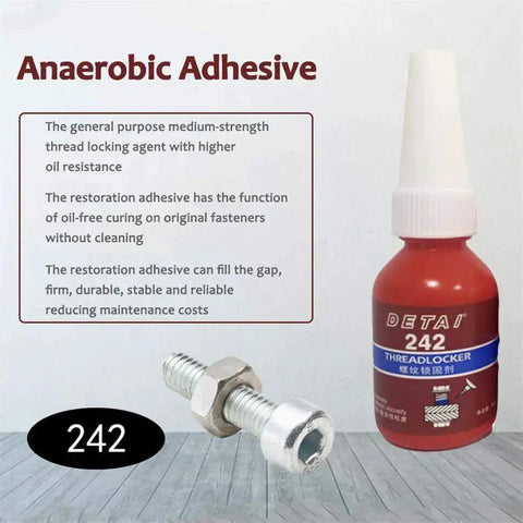 Bottle of 1Pc 10G Thread Lock Glue For Screws, Oil Resistant Anaerobic Adhesive, next to a metal screw showing product use.