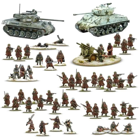 Winter US Army Bolt Action Starter Army Set with 28mm scale miniatures including plastic infantry and metal officer teams.