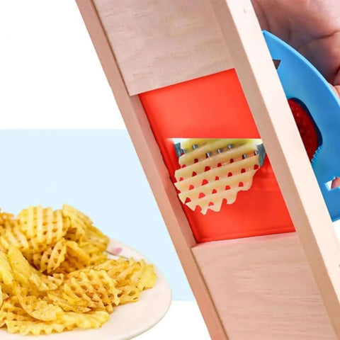 Wave Waffle Fries Cutter And Crinkle Slicer Set Stainless Steel For Potatoes And Carrots Lattice Chip Maker Kitchen Tool Blue in use