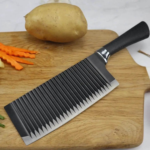 Stainless Steel Crinkle Potato Cutter And Wavy Vegetable Slicer Kitchen Chopper For French Fries And Scalloped Potatoes Easy To Use No Fuss Durable And Compact Kitchen Tool For Home Chefs shown with crinkle-cut carrots and a potato on a wooden board.